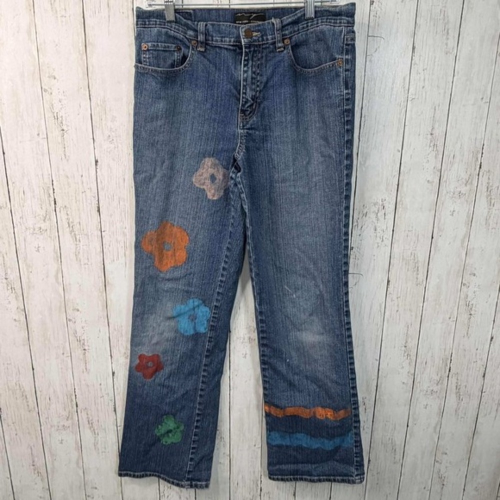 New York & Company Women's Y2K Denim Jeans with Floral Stripe Accents Size 10